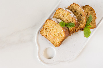 Mediterranean breakfast with carrot cake, cherry and coffee.