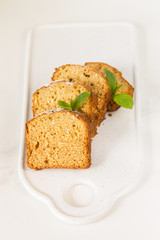 Mediterranean breakfast with carrot cake, cherry and coffee.