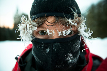 Photographer enjoys a frosty -22 degree day of ice climbing at Hyalite Canyon in Montana.