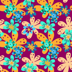 Fototapeta na wymiar Bright colorful summer seamless floral pattern of colorful ornamental flowers on violet background. Vector illustration for fabric design.