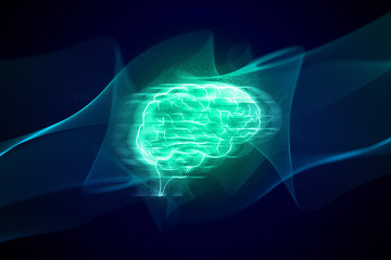 wave brain ai robotic digital data deep learning, social network, health and science, atom cell neuron, futuristic background illustration 3d rendering