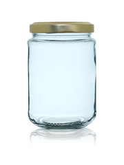 Empty glass jar closed by a metal cover with reflection, isolated on a white background