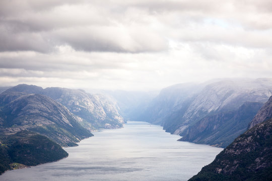 Preikestolen, Forsand, Ryfylke, Norway: The stunning landscape with the  Lysefjorden along the trail to the pulpitrock.
