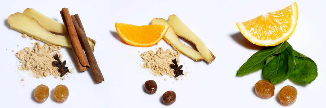 Different type of pastils on an isolated white background with different healthy ingredients