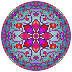 Illustration in stained glass style, round mirror image with floral ornaments and swirls on blue background