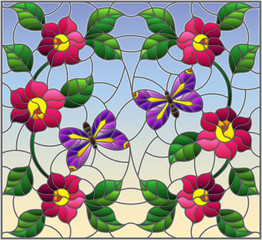 Illustration in stained glass style with abstract curly pink flower and a purple butterfly on blue background