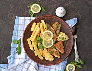 Fried perch fillet with fries on a brown clay plate. Top view, copy space