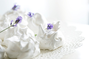 French meringue cookies. meringue decorated with lavende