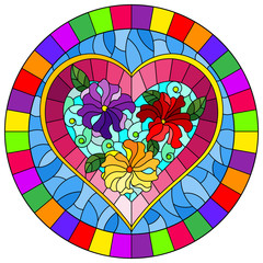 Illustration in stained glass style with bright  pink heart and flowers on blue background, oval image in bright frame