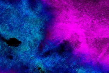 Aquarelle vivid ink textured blue, pink and purple color canvas for modern design. Smeared abstract cosmic bright vintage dark watercolour illustration. Neon watercolor on black paper background