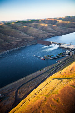 Aerial photo of the Little Goose Lock and Dam on the huge Snake River in eastern Washington.