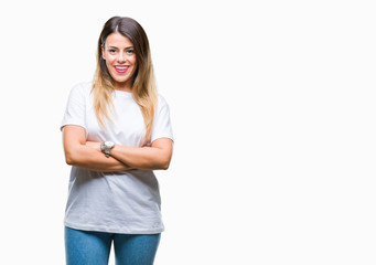 Young beautiful woman casual white t-shirt over isolated background happy face smiling with crossed arms looking at the camera. Positive person.