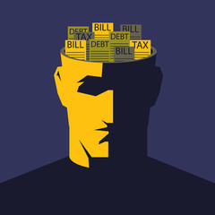 Male open head with bunch of bills inside. Financial problems concept illustration.