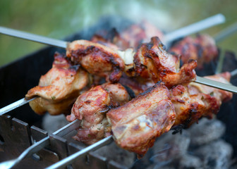tasty barbecue meat on the grill outdoors	