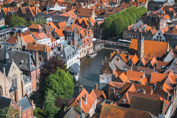 Fototapeta na wymiar Famous tourist destination for photos in Bruges, Belgium. Aerial view, view from the Belfort tower.