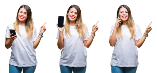 Collage of young beautiful woman using smartphone over isolated background very happy pointing with hand and finger to the side