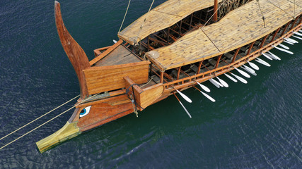 Aerial detail photo of ancient Greek warship full scale replica Trireme in port of Faliron, Attica,...