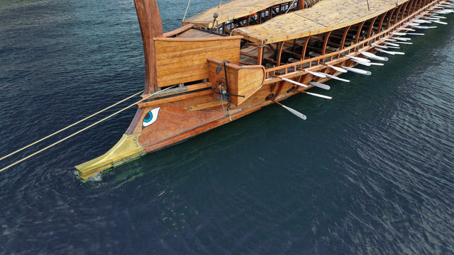 Aerial detail photo of ancient Greek warship full scale replica Trireme in port of Faliron, Attica, Greece
