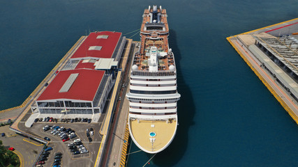 Aerial top view of cruise ship docked in Mediterranean destination
