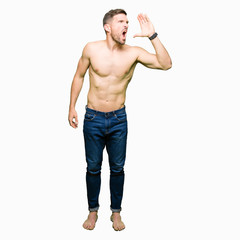 Handsome shirtless man showing nude chest shouting and screaming loud to side with hand on mouth. Communication concept.