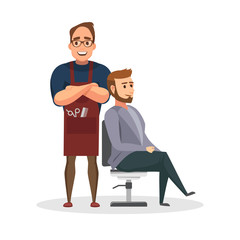 Stylish hairdresser cutting hair of client at barber shop. Beard man getting haircut at salon. UI illustration of a bearded male hipster.