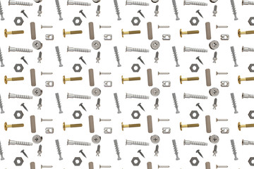 3D illustration. Artistic seamless pattern with many type furniture fittings. Screws, confirmat screws, Flat head screw, Cross dowel, Barrel nut, Wood pin, Minifix, Rafix. Geometric. Close up.