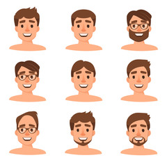 Set of different heads with haircut male character. Handsome men emoji with various hair styles. Vector illustration in cartoon style