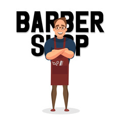 Happy hairdresser introducing the barber shop. 