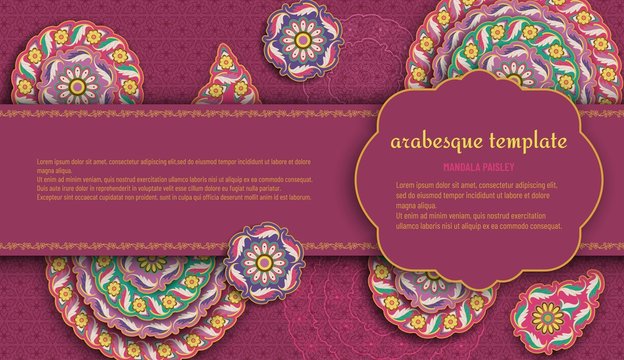 Purple arabesque floral pattern with paisley and mandala. Flower and leaves patterns. Vector illustration.