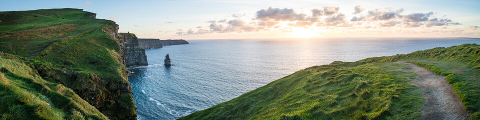 Panorama of sunset at the Cliffs of Moher