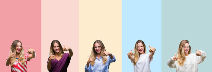 Collage of beautiful young woman over colorful stripes isolated background approving doing positive gesture with hand, thumbs up smiling and happy for success. Looking at the camera, winner gesture.