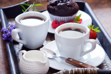 Black Coffee and chocolate muffins for breakfast