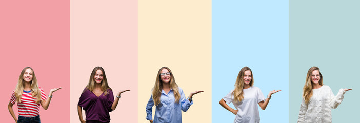 Collage of beautiful young woman over colorful stripes isolated background smiling cheerful presenting and pointing with palm of hand looking at the camera.