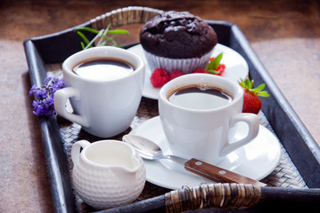 Black Coffee and chocolate muffins for breakfast