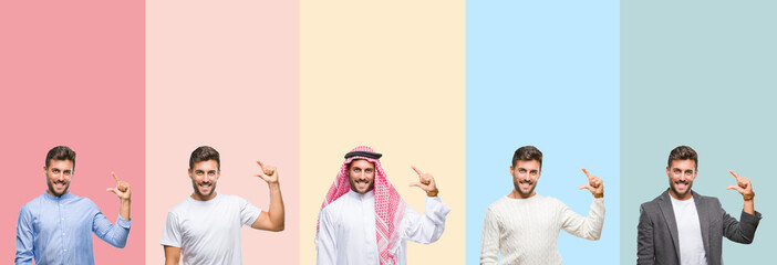 Collage of handsome young man over colorful stripes isolated background smiling and confident gesturing with hand doing size sign with fingers while looking and the camera. Measure concept.
