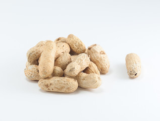 Color photo of peanuts on an isolated white background with room for copy.