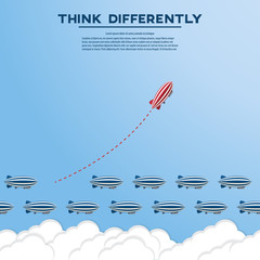 Think differently concept. Be different. Red zeppelin changing direction. New idea, change, trend, courage, creative solution, innovation and unique way concept. © madedee