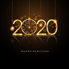 Happy New Year 2020. Gold numbers, clock and light on dark background. Vector illustration