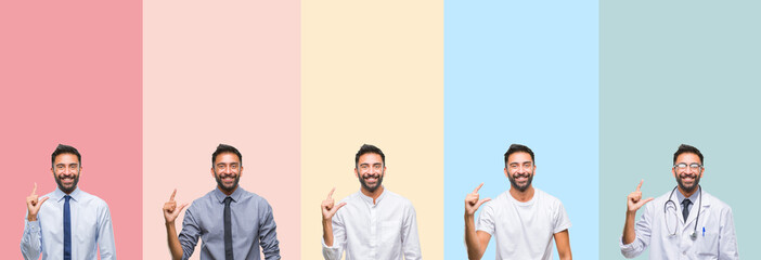 Collage of handsome man over colorful stripes isolated background smiling and confident gesturing with hand doing size sign with fingers while looking and the camera. Measure concept.