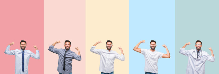 Collage of handsome man over colorful stripes isolated background showing arms muscles smiling proud. Fitness concept.