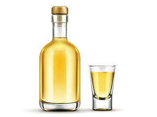 Tequila bottle and shot glass with gold liquid mock up, mexican alcohol drink flask with cork isolated on white background, design elements for advertising. Realistic 3d vector illustration, clip art