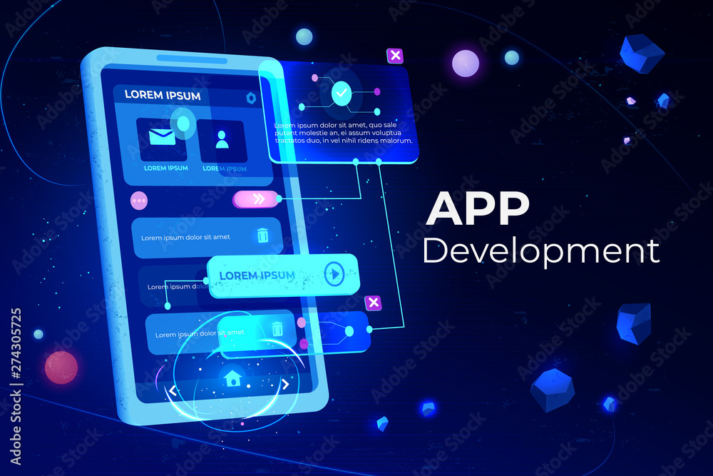 Poster app development banner, adaptive layout application web interface on smartphone touch screen, user s