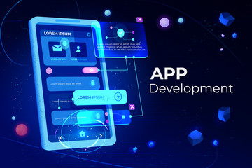App development banner, adaptive layout application web interface on smartphone touch screen, user software API prototyping, testing, neon glowing background. Cartoon vector illustration, landing page