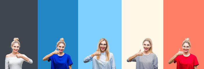 Collage of young beautiful blonde woman over vivid colorful vintage stripes isolated background doing happy thumbs up gesture with hand. Approving expression looking at the camera