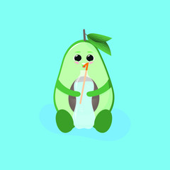 drawn cute avocado sits and drinks water, vector illustration