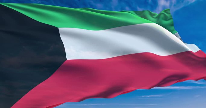Flag of Kuwait with fabric structure against a cloudy sky (loopable)