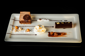 top view of tasty chocolate creamy dessert on rectangle plate