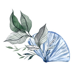 Obraz premium Watercolor collection with hand draw sea shells and leaves, isolated on white background