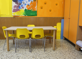 Classroom of a school with yellow chairs