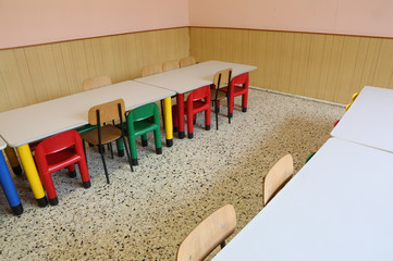 chairs and tables of a refectory of the nursery school without t